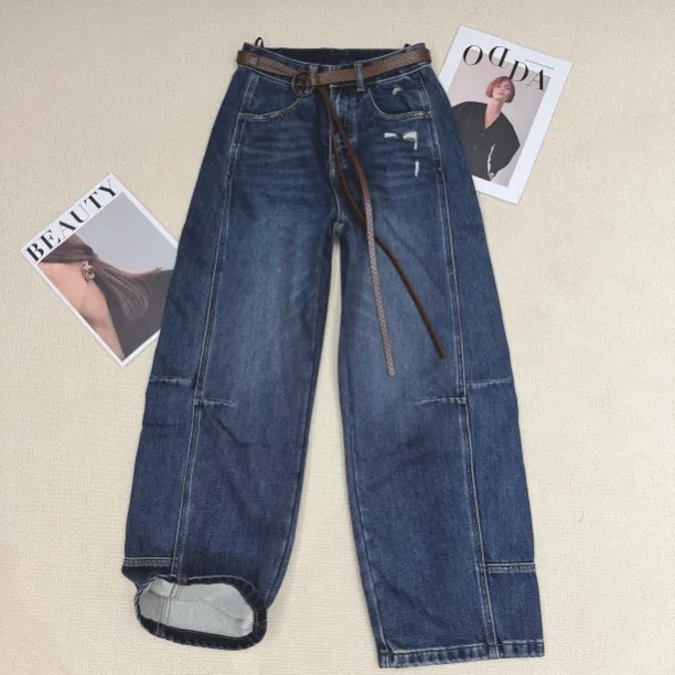 JEANS复古蓝加绒加厚磨破设计感弯刀牛仔裤显瘦遮跨阔腿裤秋冬款