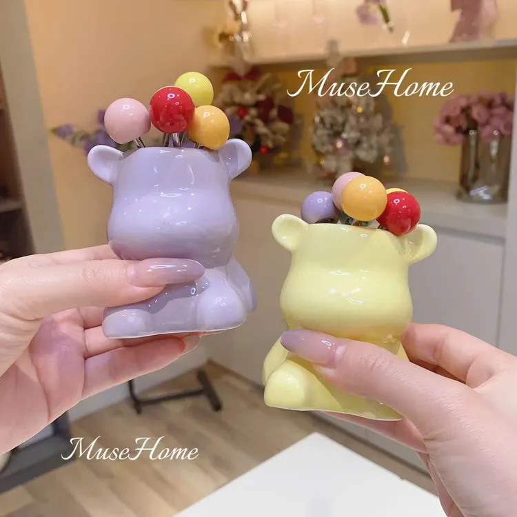 轻奢小熊水果叉家用可爱收纳餐具套装点心叉甜品叉创意陶瓷收纳罐