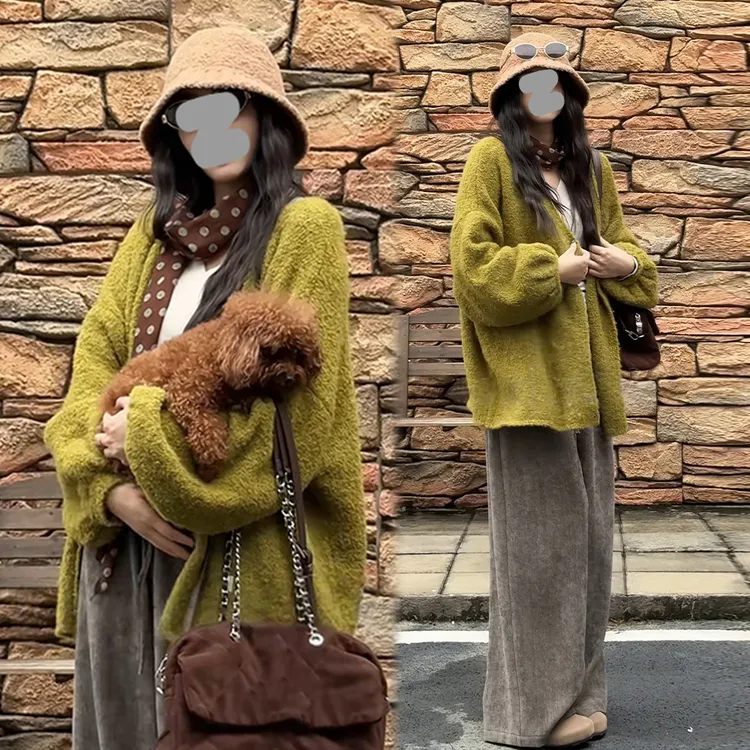 欧货高级感时尚套装女2026春秋新款绿色针织毛衣外套阔腿裤两件套