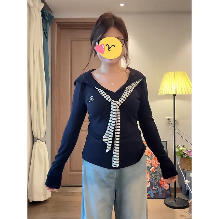 韩系温柔学院风长袖T恤女早秋新款修身显瘦海军领条纹系带打底衫