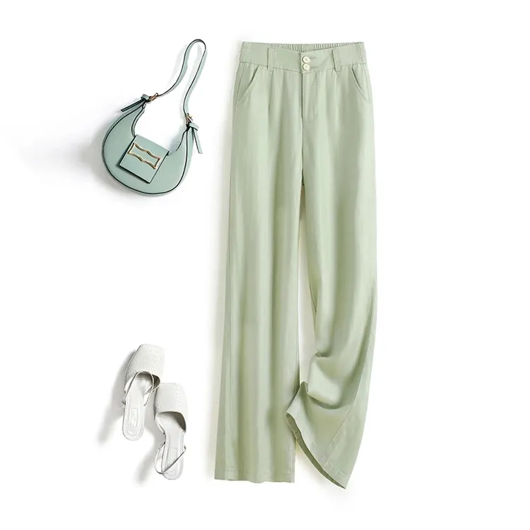天丝亚麻窄版阔腿裤女2025夏季薄款新款高腰后松紧长裤休闲直筒裤