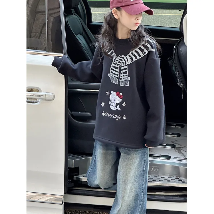 K30388孙小美蕾丝钩花女童加绒加厚卫衣秋冬装儿童休闲宽松上衣