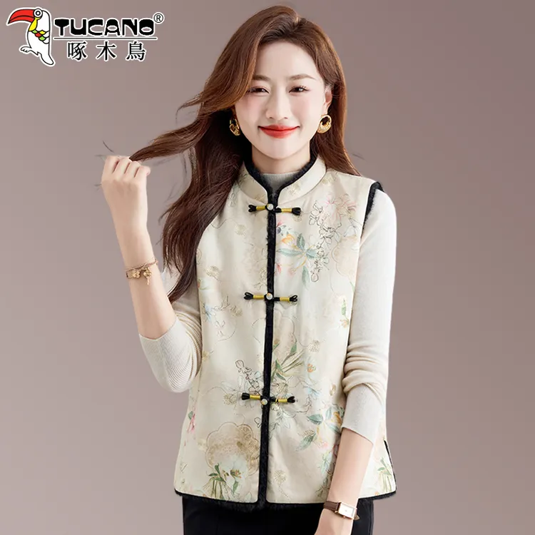 啄木鸟新中式皮毛一体马甲女款2025新款冬季国风加厚气质背心两面