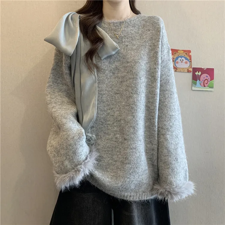 宽松慵懒风系带蝴蝶结毛衣女秋冬大码胖mm独特漂亮软糯针织衫上衣