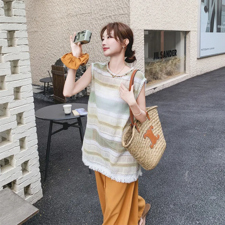 法式慵懒风套装裤夏季女2025新款海边度假风浪漫风无袖上衣阔腿裤