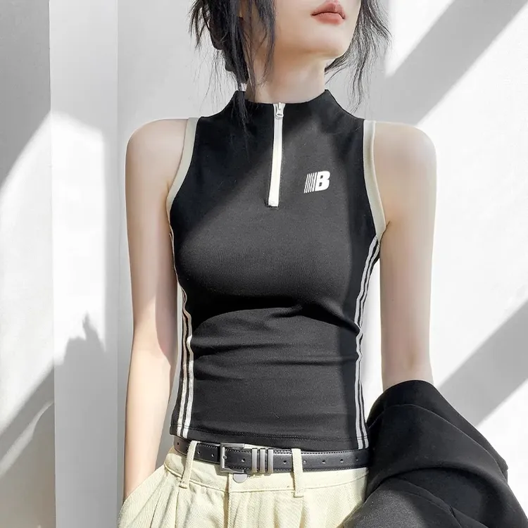 美式拉链半开领字母背心女2025春夏新款修身拼色运动外穿无袖上衣