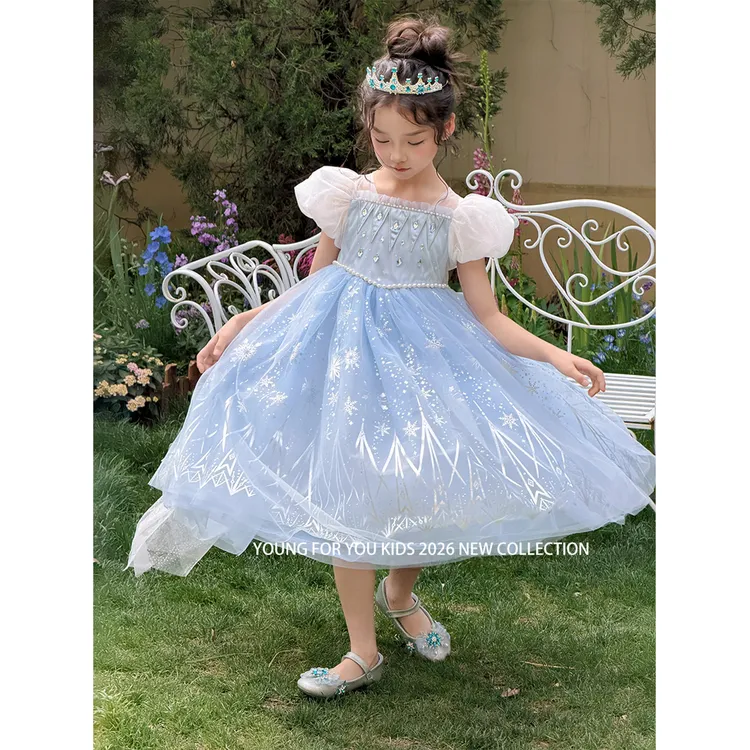 YFY夏季女童艾莎公主连衣裙泡泡袖网纱蓬蓬裙生日礼服披风冰雪