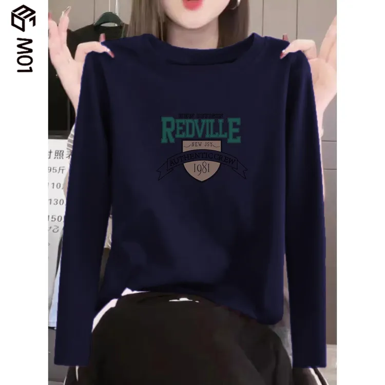 M01纯棉藏青色长袖T恤女春秋季时尚基础款设计感打底衫正肩上衣潮