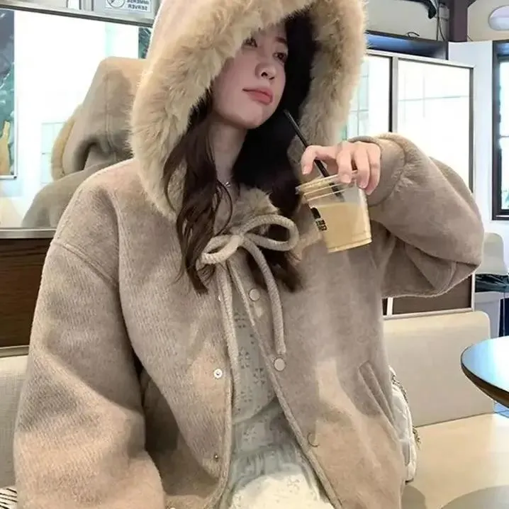 韩系甜美蝴蝶结绑带大毛领连帽毛呢外套男女冬季宽松百搭好看棉服