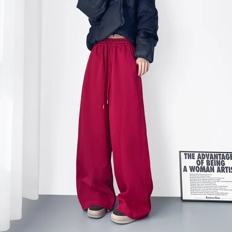 加绒加厚酷飒阔腿裤女冬季新款大码慵懒风显瘦运动裤胖mm保暖卫裤