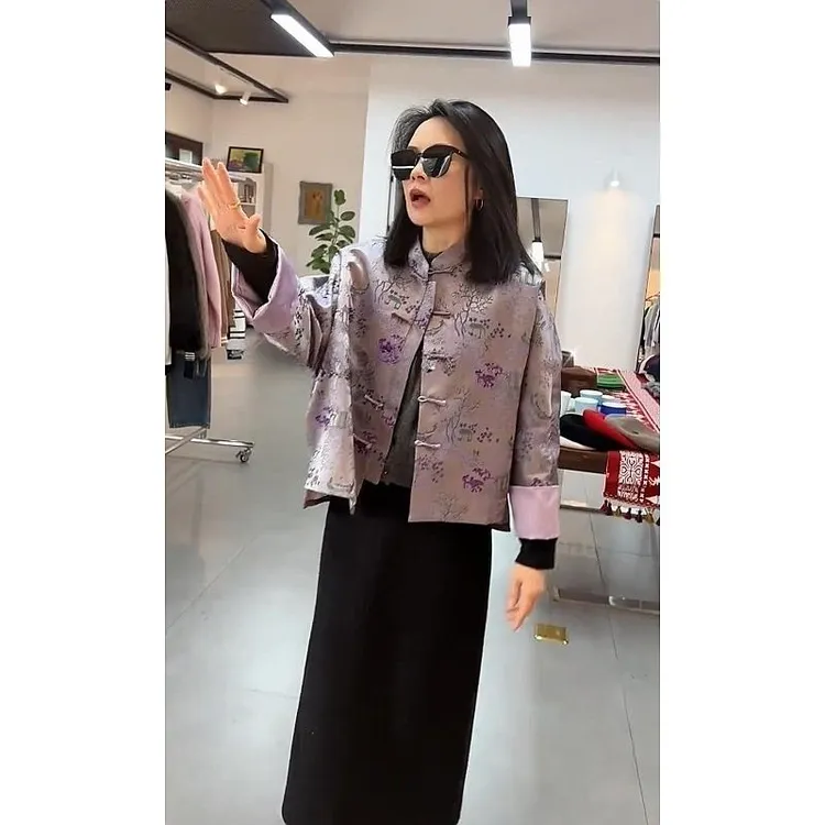 紫色立领盘扣印花短款外套女2025早春新款新中式国风独特别致上衣
