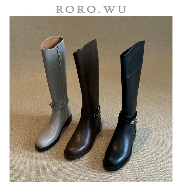 娆娆吴·牛皮英伦风圆头银扣长靴秋冬季新款粗跟厚底骑士靴女Z67