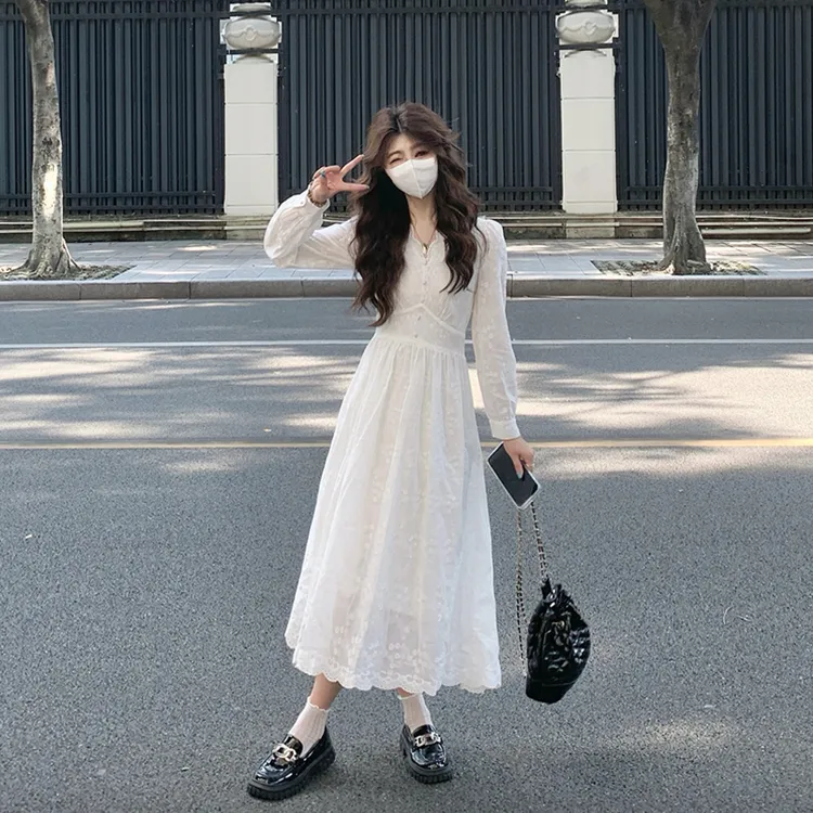 法式轻熟风气质白色连衣裙绝美优雅高腰小个子长袖收腰长裙子秋季