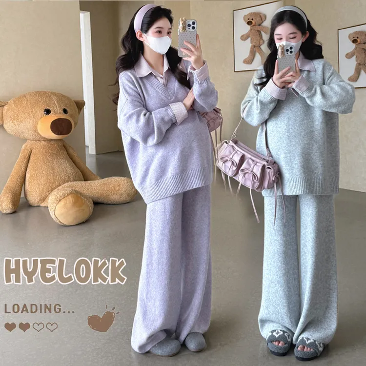 2025新款孕妇装秋冬装时尚孕期洋气衬衫拼接两件套休闲大码套装女