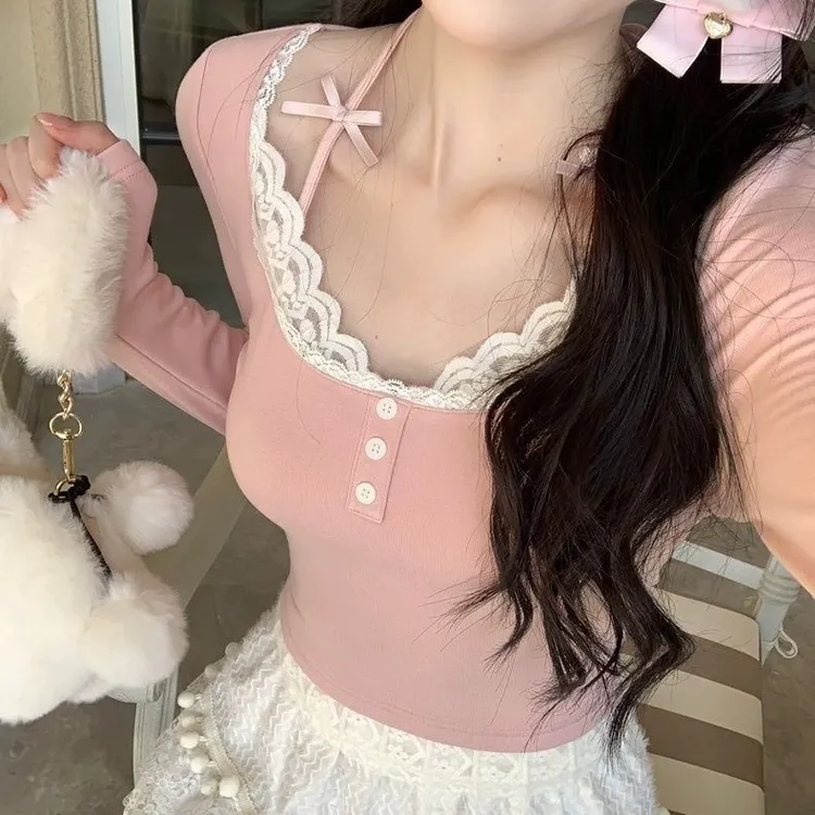 纯欲可爱甜辣蕾丝修身弹力上衣花边显瘦女秋季多巴胺辣妹粉色日系