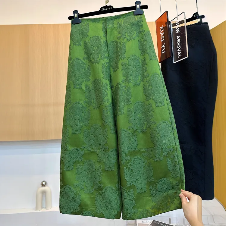 高端欧货早秋新款独特别致提花新中式国风宽松显瘦直筒阔腿裤女