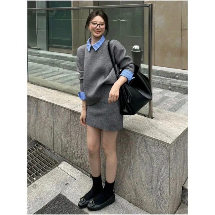 韩版时尚气质拼接衬衣领可拆卸厚款毛衣+短裙套装显瘦小个子长袖