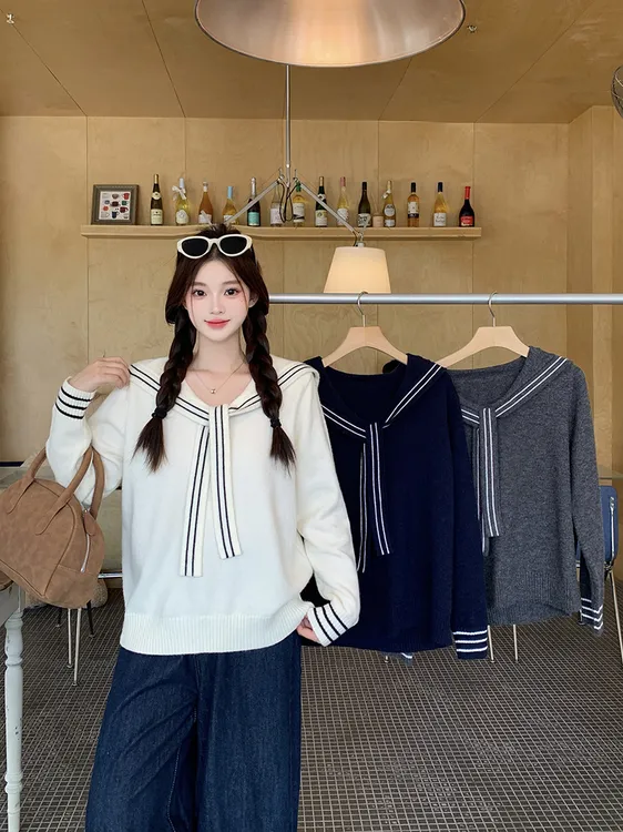 2025秋冬新款胖mm大码女甜美学院风海军领软糯套头针织上衣 72020