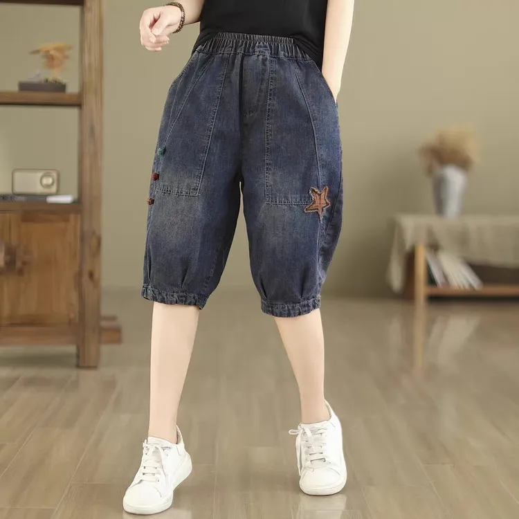 夏季薄款牛仔短裤女复古刺绣盘扣宽松显瘦五分哈伦裤休闲老爹裤潮