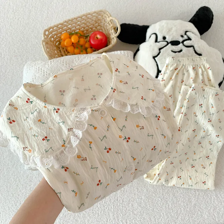 甜美小樱桃睡衣女春秋款云朵棉可爱长袖娃娃领家居服套装实拍批发