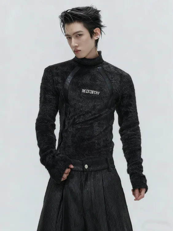 秋冬重磅设计感解构仿貂毛毛绒打底衫T恤长袖男修身高领保暖上衣