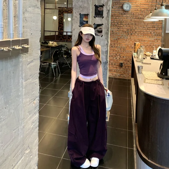撞色拼接假两件吊带背心女夏季美式辣妹抽绳紫色阔腿工装裤两件套