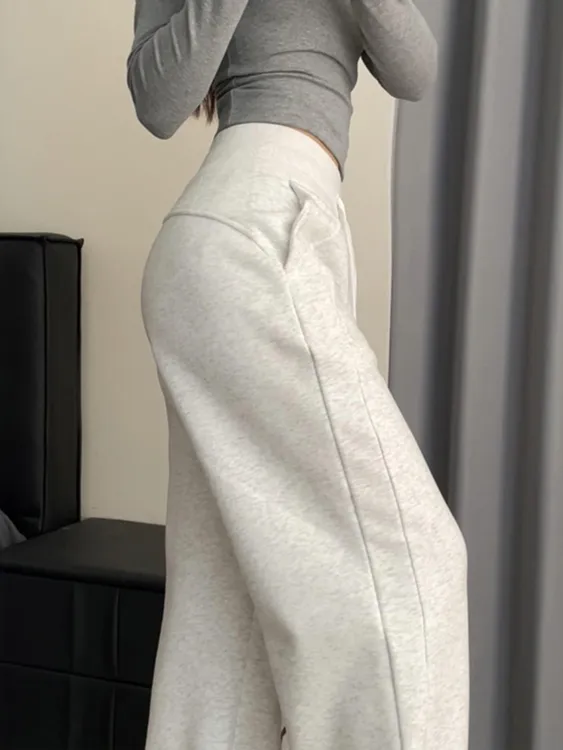 白灰色窄版直筒运动裤女款秋冬季大码胖mm阔腿垂感慵懒松弛感卫裤