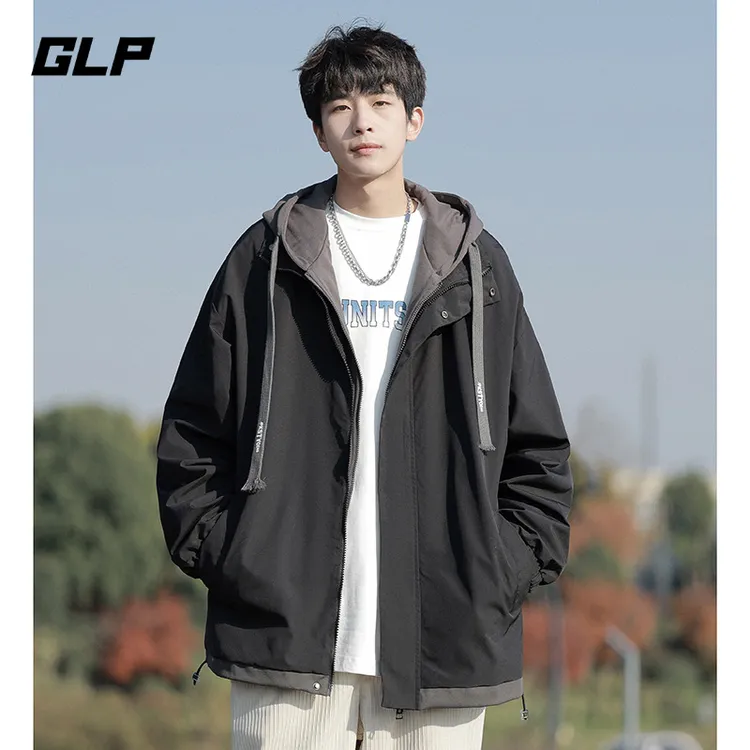 GLP休闲外套男士春秋季潮流日系高街ins假两件痞帅连帽夹克男