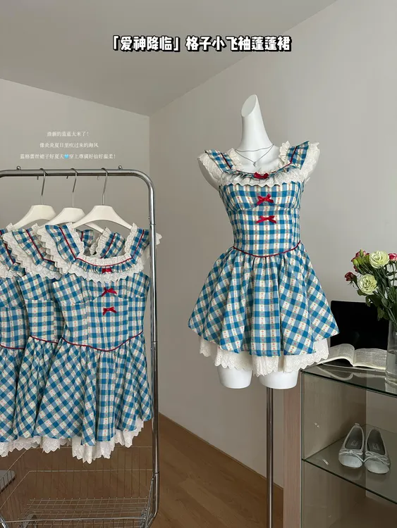 爱神降临 法式复古蓝色格子小飞袖连衣裙高级感蓬蓬裙女
