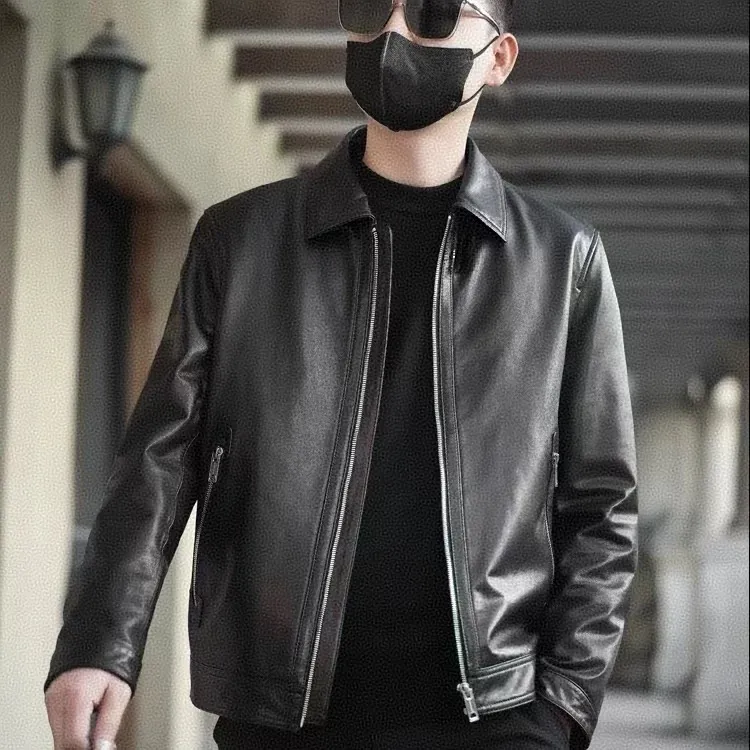 2025新款海宁高档男士真皮皮衣短款翻领休闲中老年山羊皮夹克外套