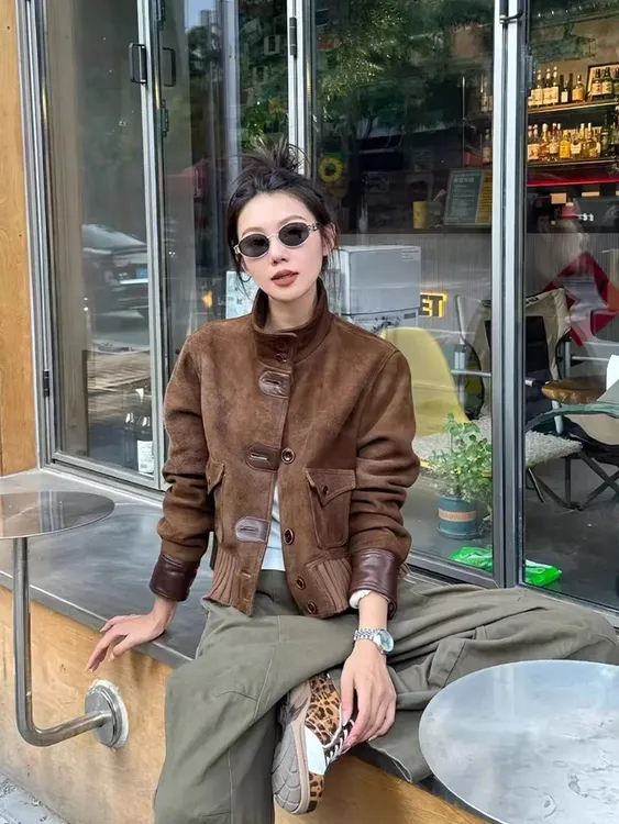 美式复古立领咖色皮衣外套女秋季新款爆款独特设计感百搭棒球服潮