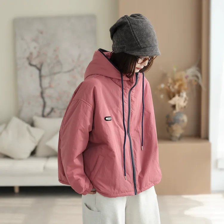 棉服外套女2025秋冬新款文艺休闲连帽百搭宽松简约气质女装上衣