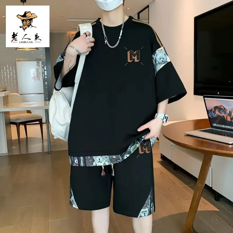 男士休闲运动套装国潮风潮流印花青年圆领夏季短袖短裤一套搭配
