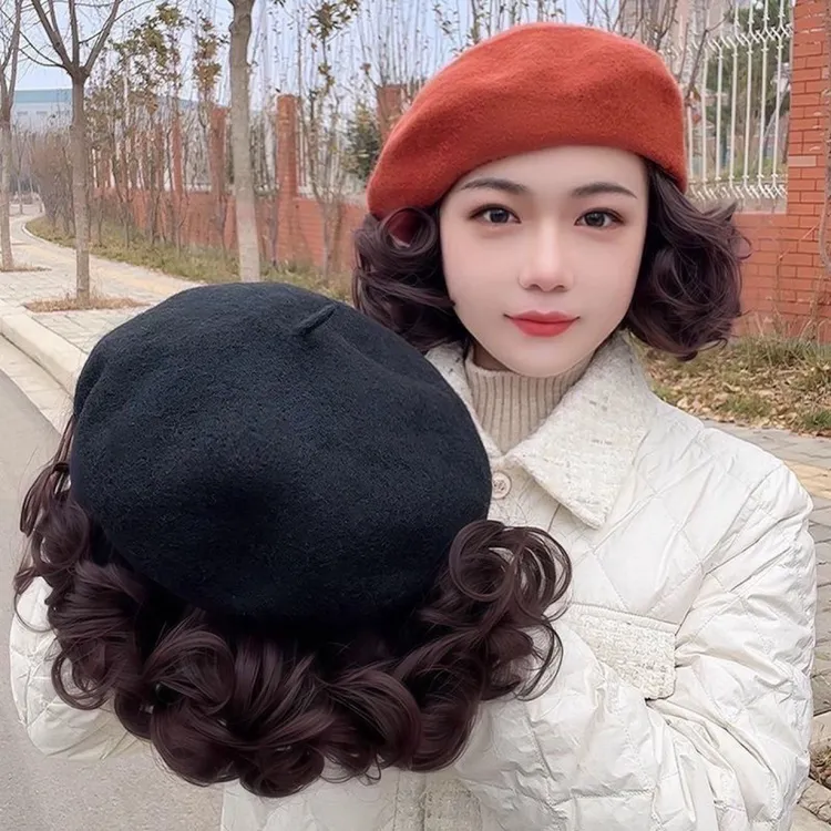 帽子假发女短卷发全套时尚洋气秋冬贝雷帽假发一式妈妈款套