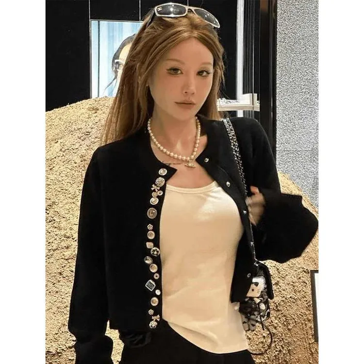 法式黑色小香风长袖开衫外套秋季新款小个子高级感名媛短款上衣女
