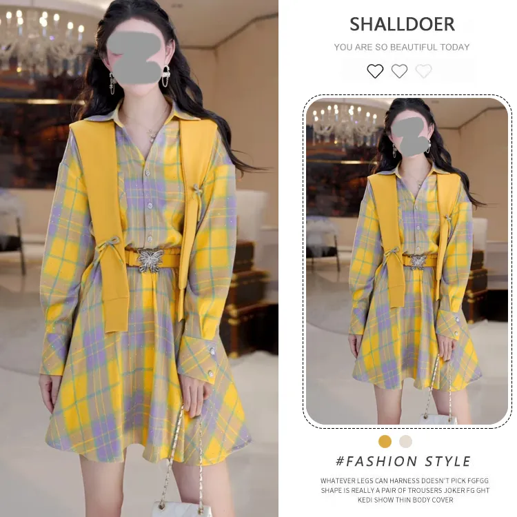 【送腰带】韩系慵懒风套装女春秋新款蝴蝶腰带披肩格纹连衣裙两件套