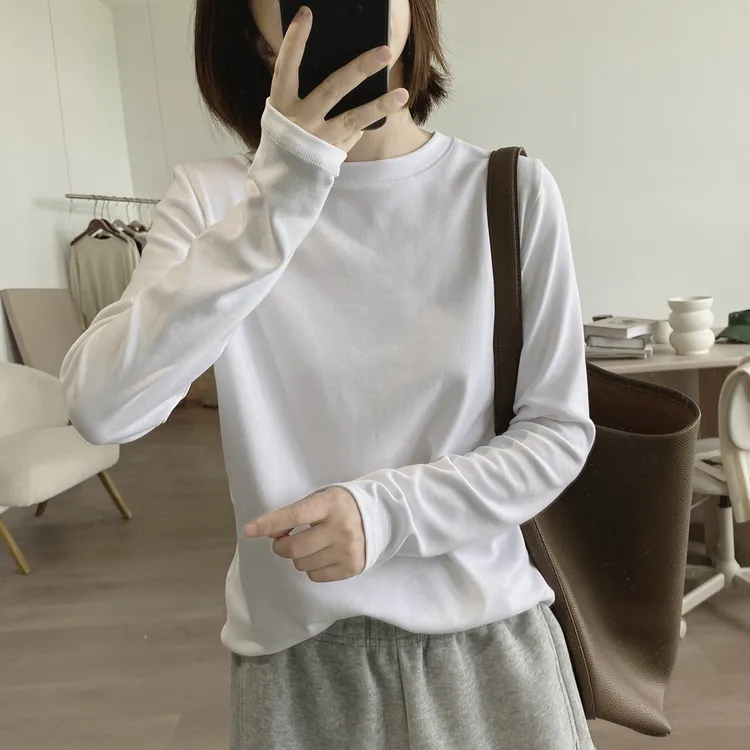 简约正肩长袖t恤女洋气基础款秋冬新款宽松显瘦内搭打底纯色上衣