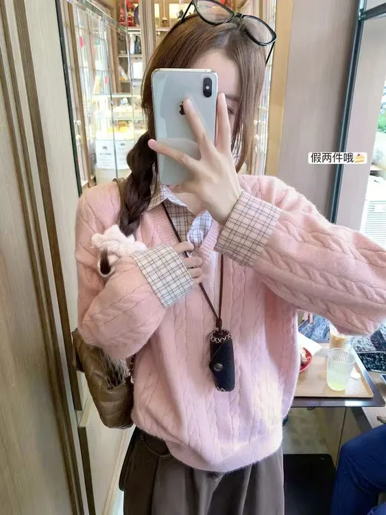 韩系粉色假两件毛衣女秋冬polo领衬衫拼接内搭针织衫上衣