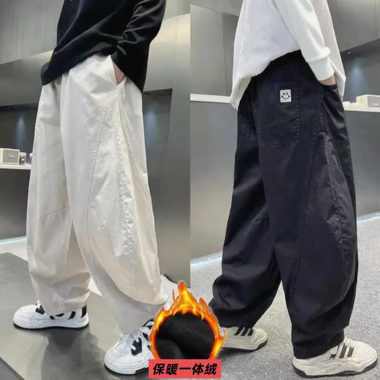【水洗棉】男童裤子2025秋冬宽松休闲工装裤秋冬款潮牌一体绒弯刀裤