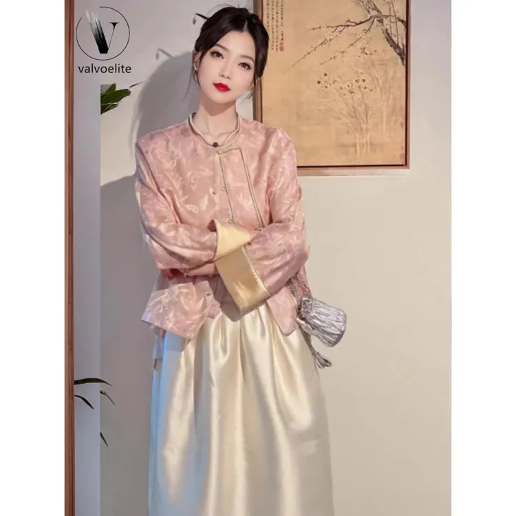 VALVOELITE新中式女装国风禅意服套装裙粉色盘扣上衣2025秋季新款