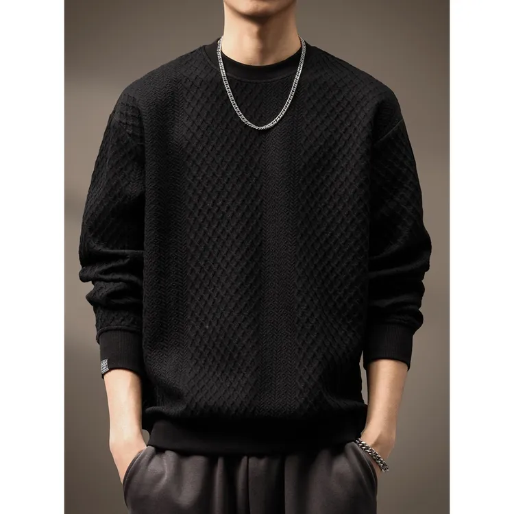 高端重磅纹理感黑色卫衣男2025秋季新款宽松大码长袖打底内搭上衣