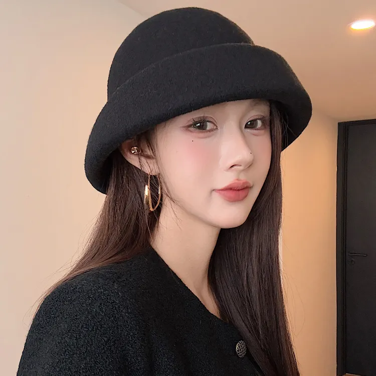 卷边羊毛礼帽女秋冬季大头围纯色帽子小香风时尚渔夫帽盆帽千金帽