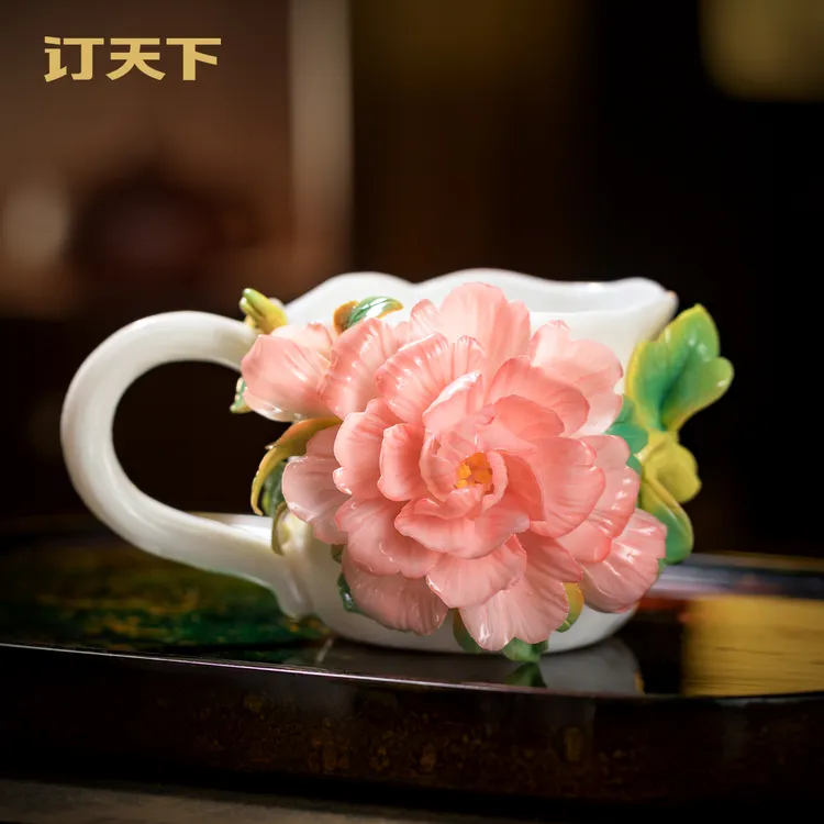 创意立体花朵陶瓷芍药花水杯咖啡杯客厅茶室桌面装饰品送朋友礼物