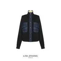 LISI.ZHANG--【天丝针织开衫】高领时尚感牛仔口袋拼贴天丝针织衫