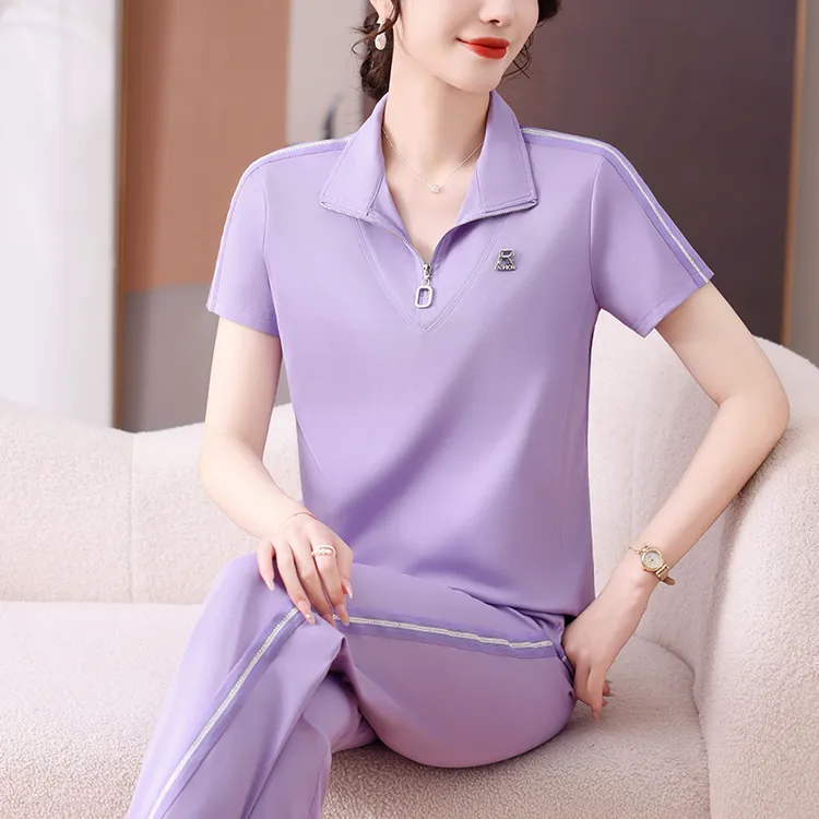 年轻妈妈夏装短袖t恤薄款时尚洋气两件套中老年运动服套装女夏季