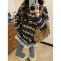 小雅姐姐 韩版条纹蕾丝花边小猫慵懒宽松卫衣衫II48