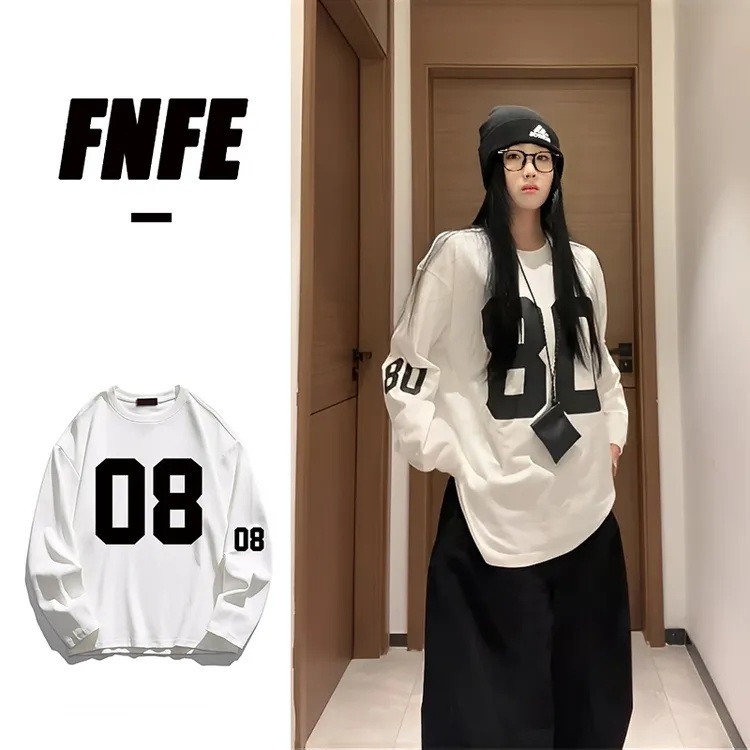 FNFE宽松卫衣女早秋季新款美式复古印花纯棉圆领长袖新款上衣