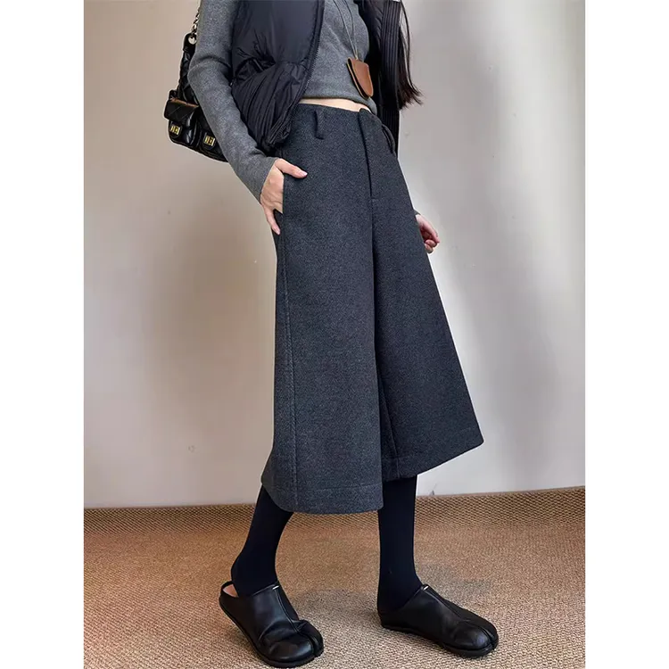 老钱风灰色七分毛呢直筒阔腿裤女秋冬季小个子宽松显瘦休闲西装裤