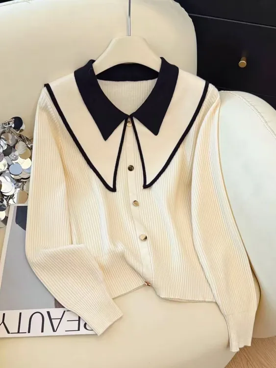 娃娃领打底衫女春秋高级感内搭小香风撞色显瘦气质减龄感针织衫