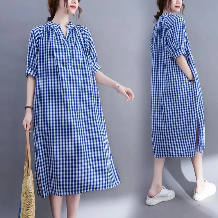哥弟阿玛施正品2025夏季新款韩版大码宽松蓝白格子连衣裙显瘦V领